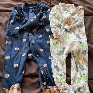 Little Me Navy and Cream Footies with Football and Dinosaur Patterns